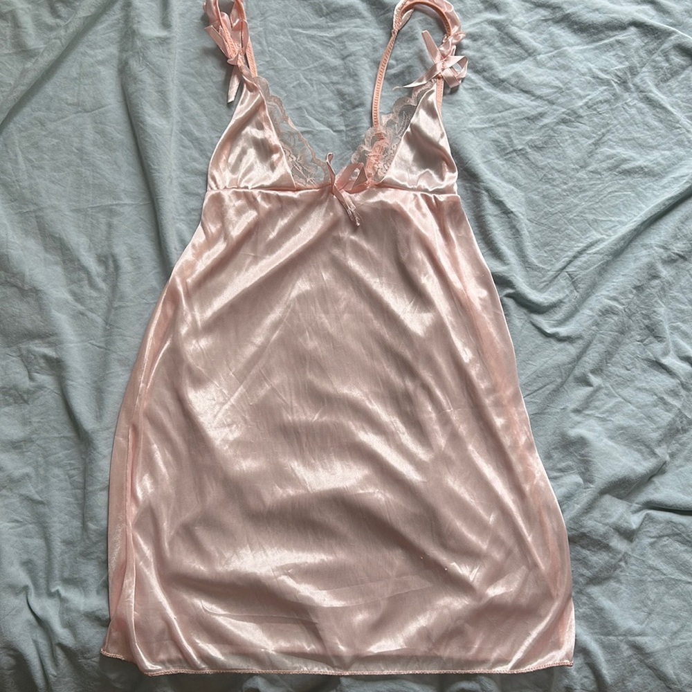 Pink Satin Slip on Dress with Bows and Lace Trim